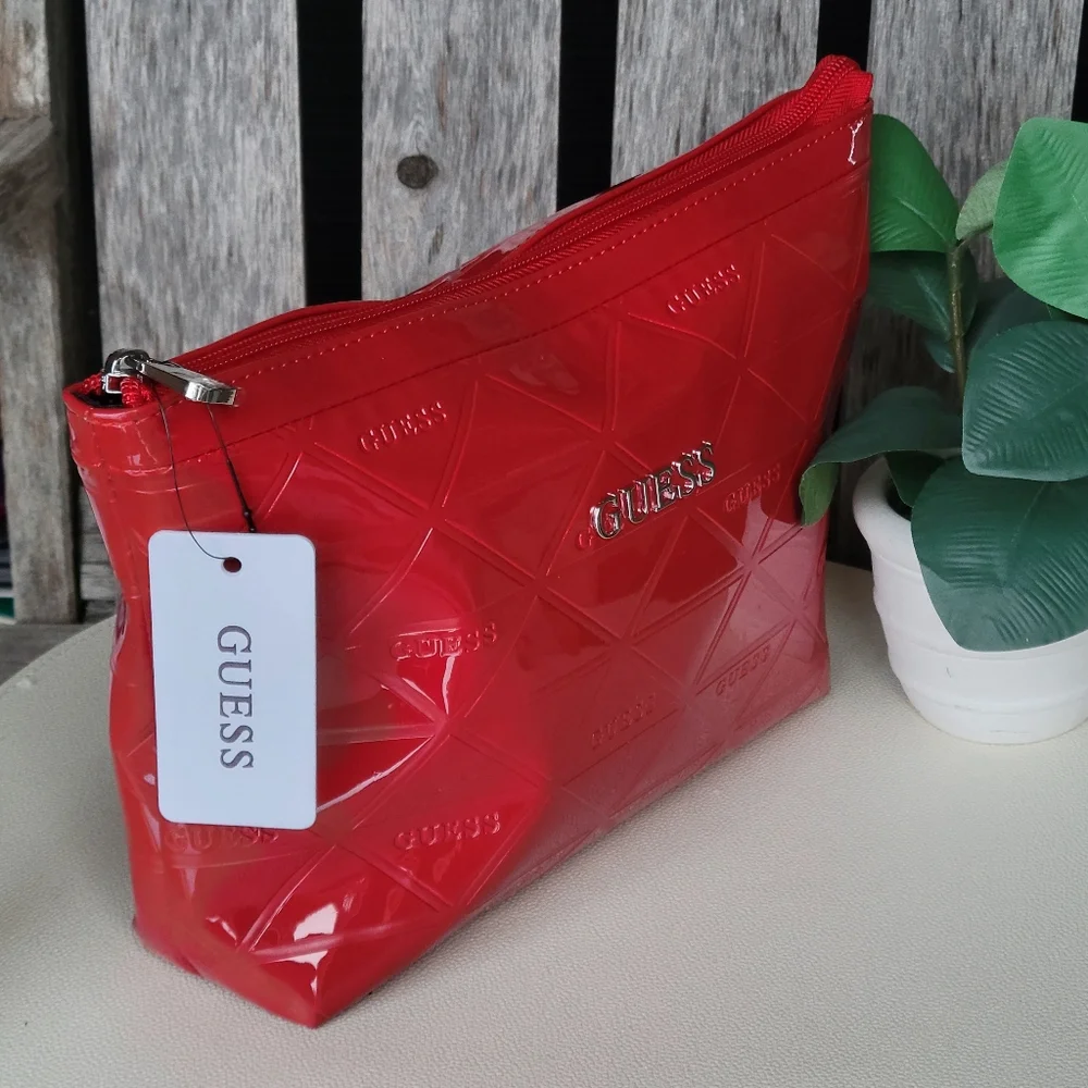 Red Patent GUESS Shiny Finish Embossed Cosmetic Zip Pouch